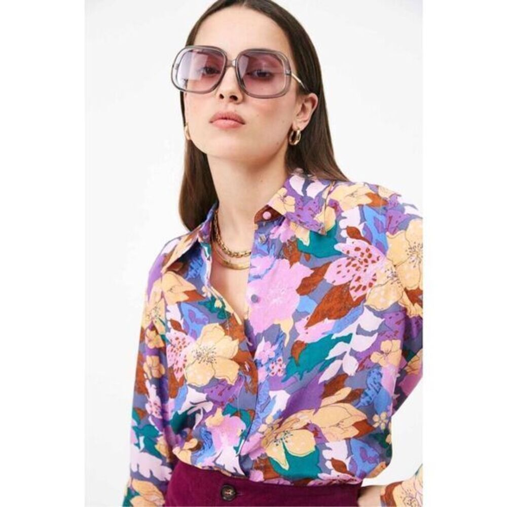 Suncoo Floral Blouse T2 Purple Yellow Pink Lamour Long Sleeve Button Up Colorful